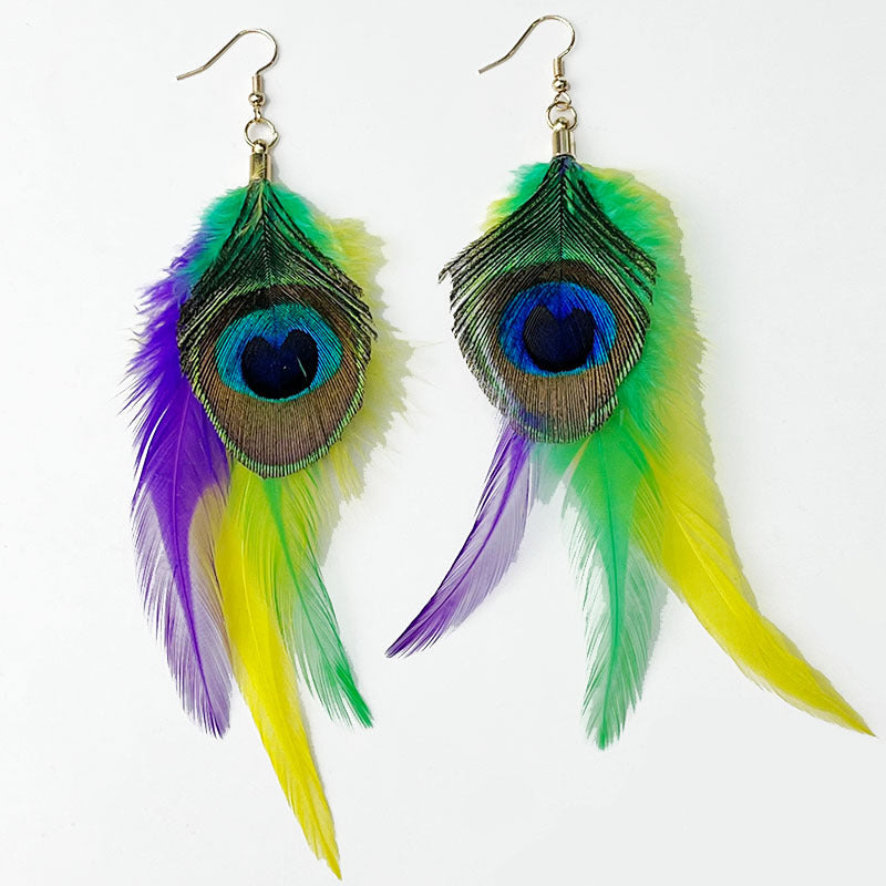 Wholesale Feather Purple Yellow Green Peacock Feather Wild Atmosphere Earrings